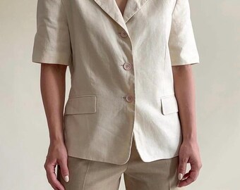 Blazer vintage 100% linho | Jaqueta de alfaiataria de manga curta na cor marfim (Tamanho P)