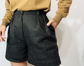 Wolle high waisted Falten Shorts/ Braune Wollhose/ Bürohose/ kurze Anzughose