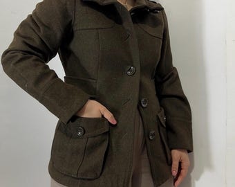 Kurtka z wełny w kolorze brązowym w stylu vintage, damska, dopasowana marynarka z paskiem – płaszcz w stylu wojskowym, strukturalny, rozmiar XS-S