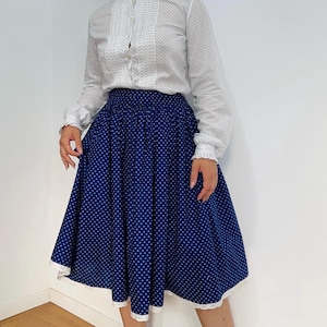 Vintage navy floral print midi skirt / cotton high waisted full skirt / XS