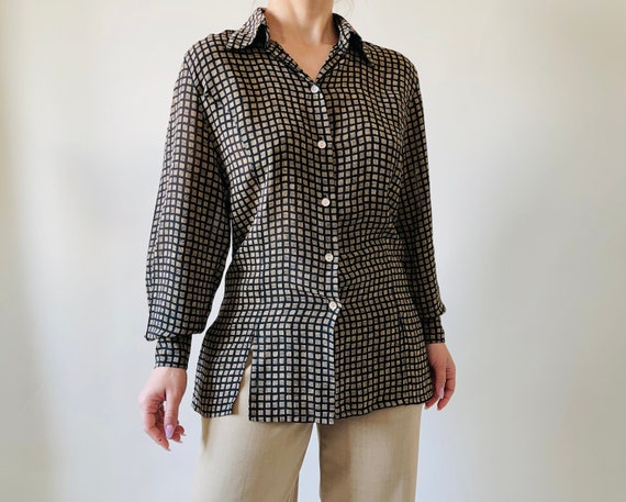 vintage black flowy shirt with beige pattern, min… - image 4