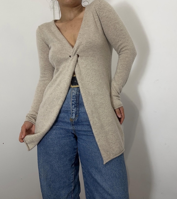 Vintage Cashmere Merino Wool Longline Cardigan XS-S | Beige Open Front Knit Sweater