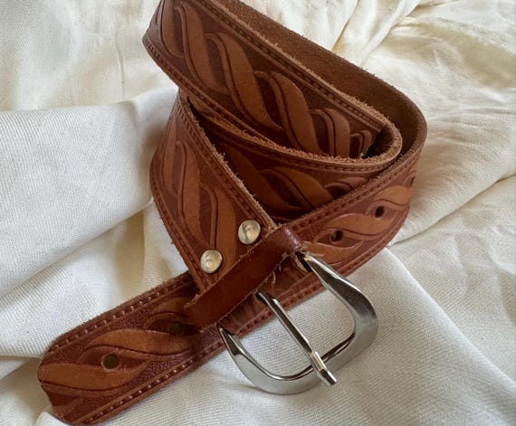 Vintage Brown Embossed Leather Belt With Silver Buckle 