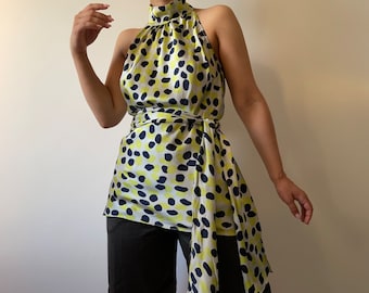 vintage pure silk grey halter top with green & black polka dots