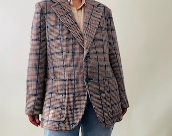 Vintage checked wool blazer – thick masculine fabric, navy & rust plaid – size L tall