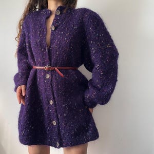 Vintage oversized purple mohair chunky cardigan, textured wool knit, boho style, fits M-L-XL