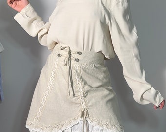 vintage linen beige mini skirt, cottagecore style skirt