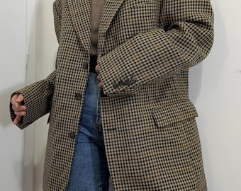 Blazer vintage in lana pied de poule – Giacca oversize anni '90 – Cappotto a quadri marrone – Taglia L