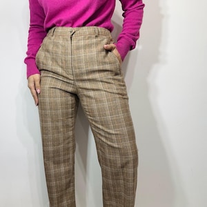 Preppy Plaid Wool Trousers  – Virgin Wool Blend – High-Waisted, Straight Leg Pants in Earth tones Size M