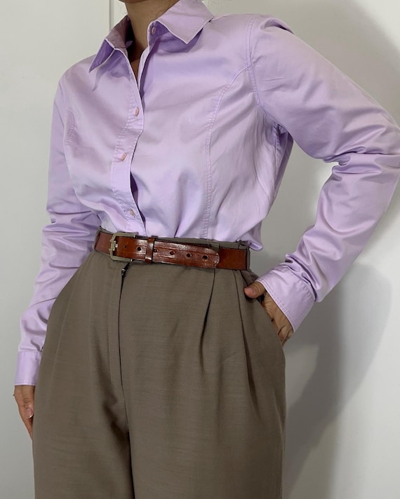 Hugo Boss, Vintage Hugo Boss Lilac Cotton Shirt S-M | Tailored Office Blouse | Pastel Purple Button Up