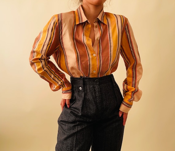 Vintage Etro pure silk striped yellow blouse, but… - image 5