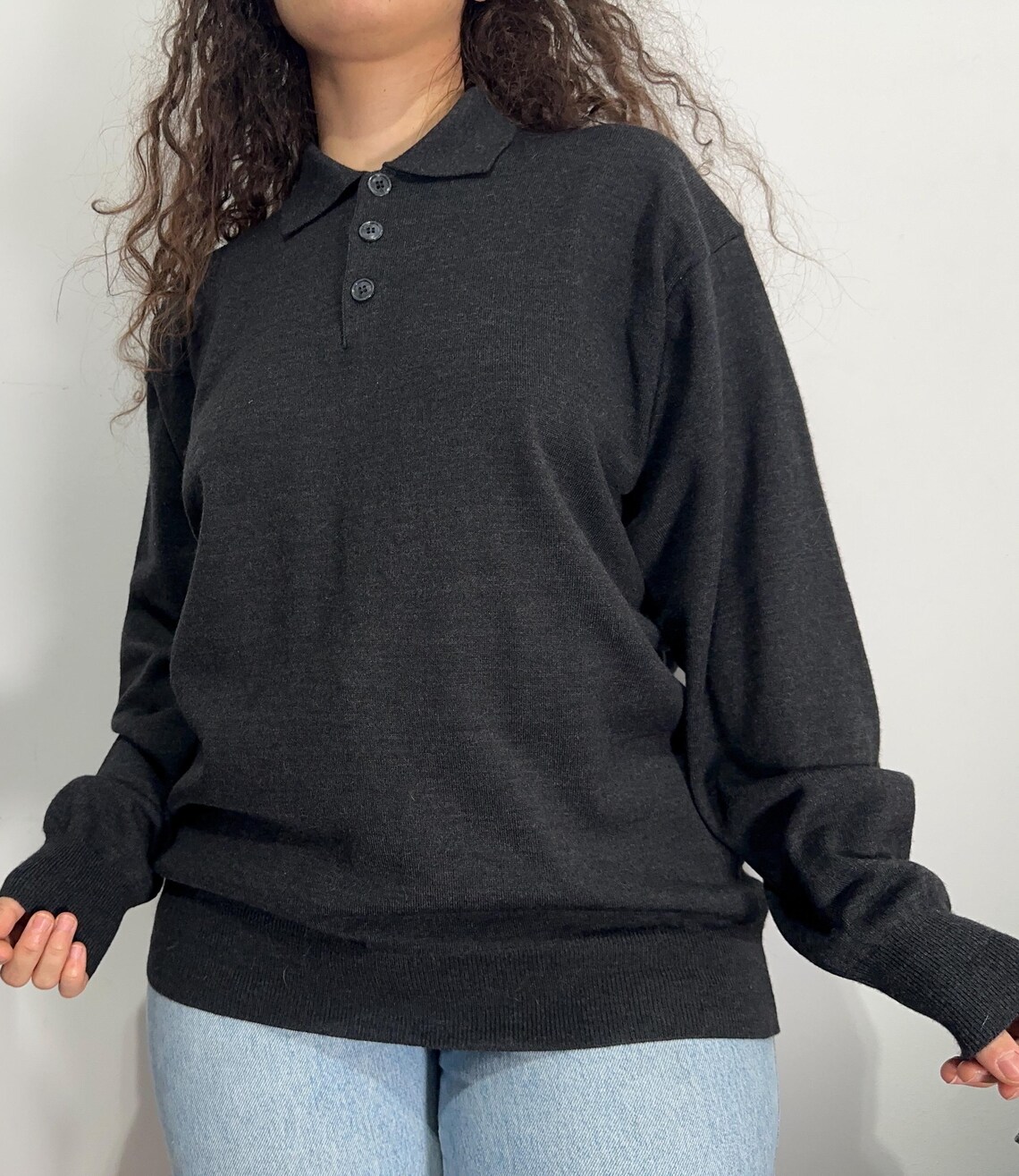 Vintage Charcoal Grey Wool Blend Polo Sweater Collared Knit Minimalist Oversized Jumper M-L, foto 2 di 5
