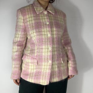 Blazer Femme à Carreaux Rose Et Bleu Taille 8 - Occasion Très Bon état - Sans Col - Laine Mélangée