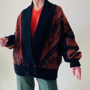 Vintage mohair wool blend chunky cardigan / oversized black red knit jacket S-L