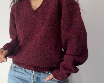 Jersey de lana burdeos vintage – jersey de cuello en V extragrande, cómodo jersey de otoño, talla M-L