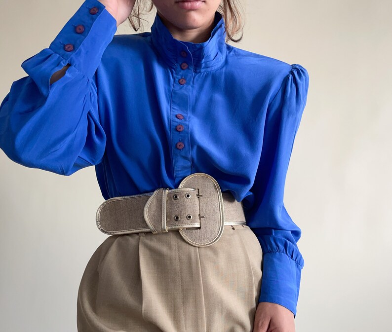 Vintage Pure Silk Electric Blue Blouse Button up Silk Blouse Etsy