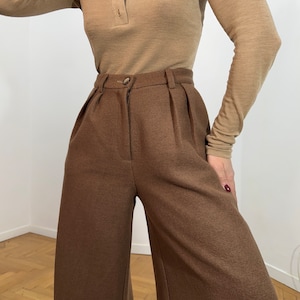 Thick wool high waisted trousers/ Wool brown or burnt orange  wide leg pants/ winter wool trousers/ pleated trousers