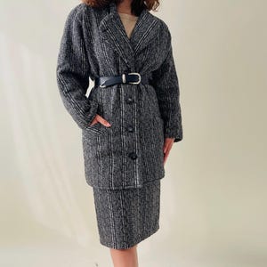 Vintage wool coat XS – minimalist long blazer coat & pencil skirt set, 80s wool two piece suit