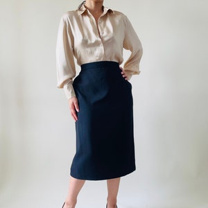 vintage wool mix black high waisted pencil skirt, office midi skirt