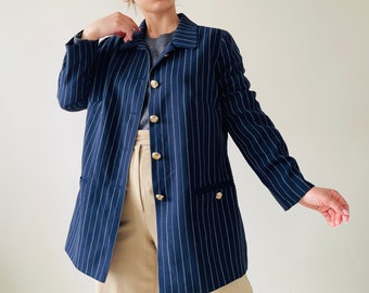 vintage fine wool mix blue navy striped blazer, vintage wool blazer
