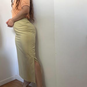 Vintage Pistachio Green Wool-Blend Pencil Skirt/ office maxi skirt with Side Slit – Size S