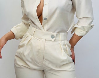 Spring summer cotton high waisted trousers/  white cream straight leg pants/ office pants/ pleated trousers/  suit pants