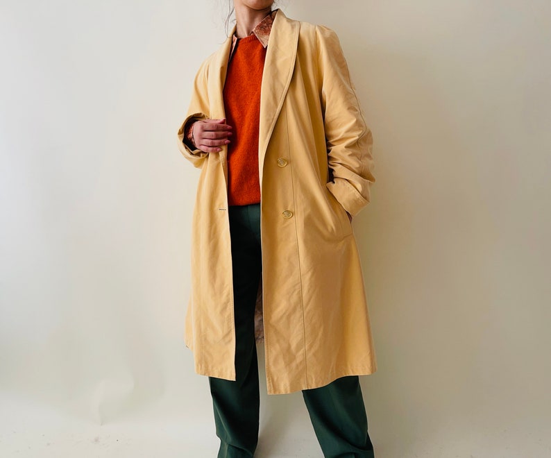 vintage light yellow oversized trench coat, minimalist spring coat image 2