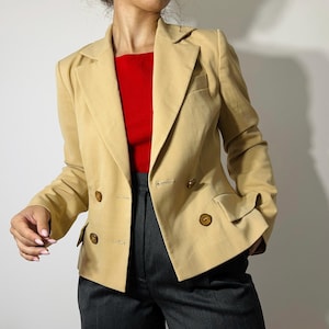 Vintage camel wool blend cropped blazer, double-breasted fitted jacket, size XS-S