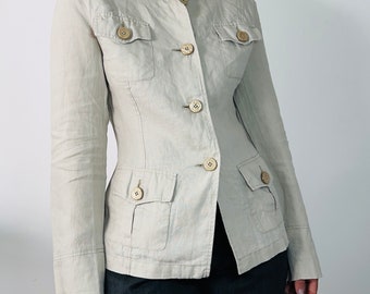 veste chemise beige pur lin vintage, chemisier style safari