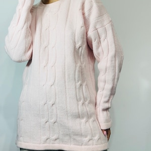 Vintage pink cable knit long sweater – preppy oversized wool angora jumper – women’s cozy pastel knit – fits S-M
