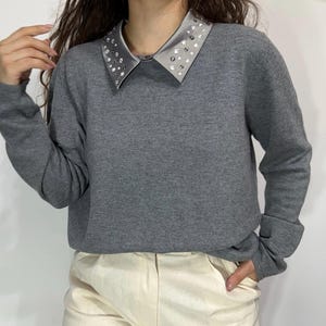 Madeleine grey wool silk sweater, detachable rhinestone collar jumper, minimalist knit top – size M-L