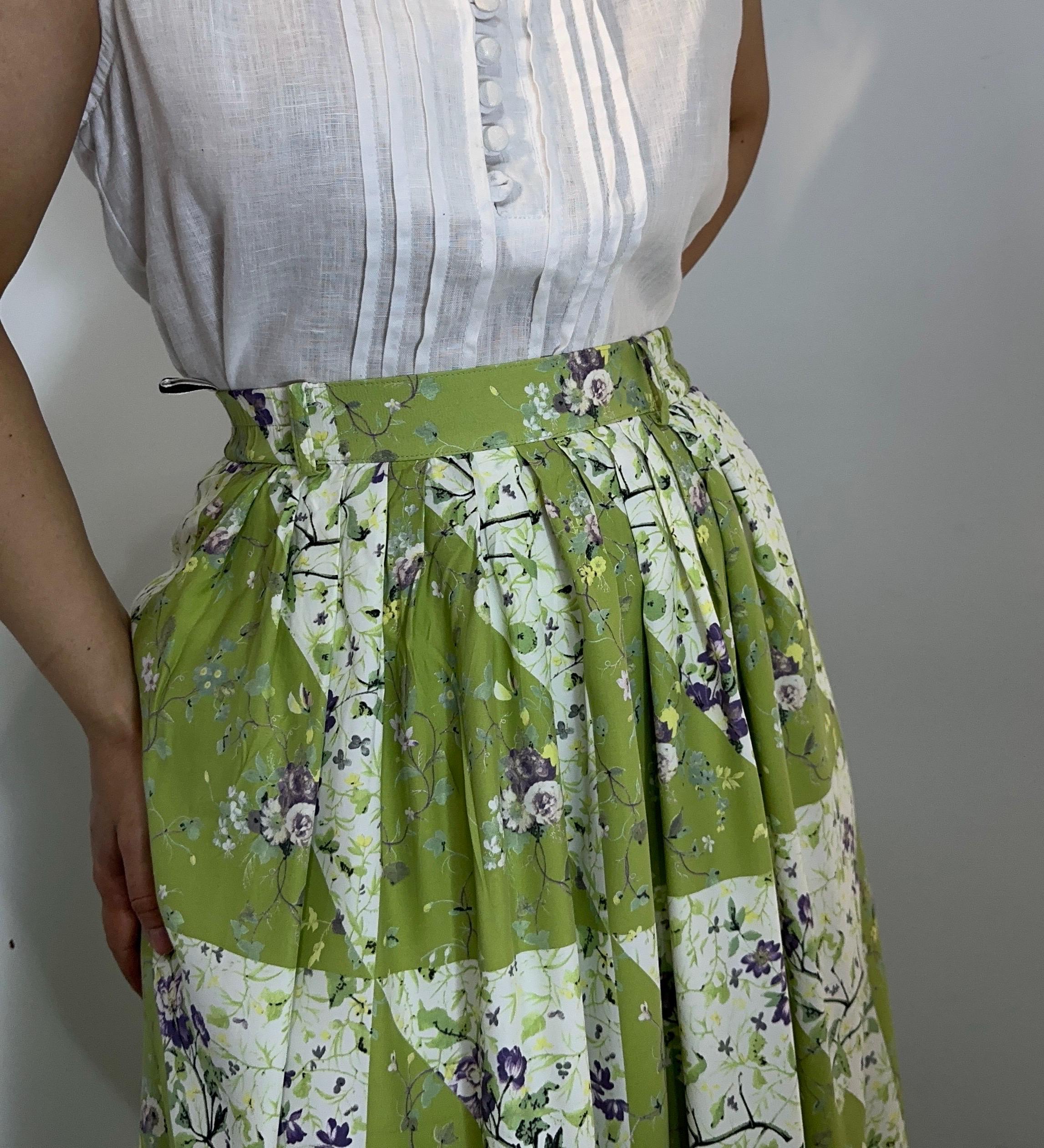 Vintage Green Floral Patchwork Midi Skirt L | Cottagecore Gathered