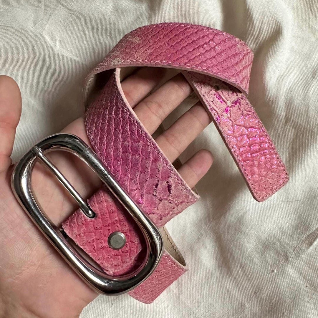Vintage Pink Snakeskin Embossed Leather Belt – Slim Waist Belt