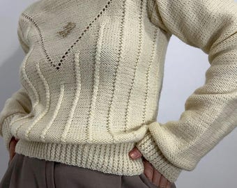 Vintage handgemachte Wolle Rollkragenpullover S, cremiger Strickpullover, gemütlicher minimal Winterpullover