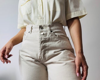 vintage beige mom jeans, high waisted straight leg jeans