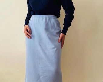 Vintage Baby Blue Wool Knit Midi Skirt, High Waist Minimalist Pencil Style