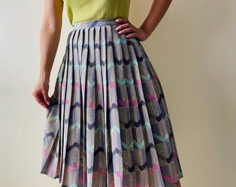 Vintage Pleated Colorful Silky Skirt | Geometric Pattern Midi Skirt | 80s 90s Inspired Size S