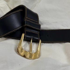 Vintage indigo wide leather belt with gold buckle | Classic statement belt | Approx. size S-M