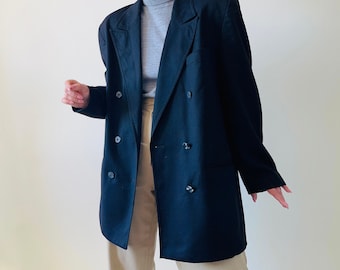 vintage pure wool black double breasted blazer/ vintage wool suit jacket