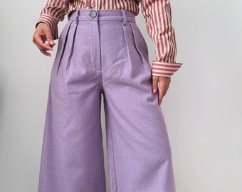 Thick wool high waisted trousers/ Wool purple wide leg pants/ winter wool trousers/ pleated trousers