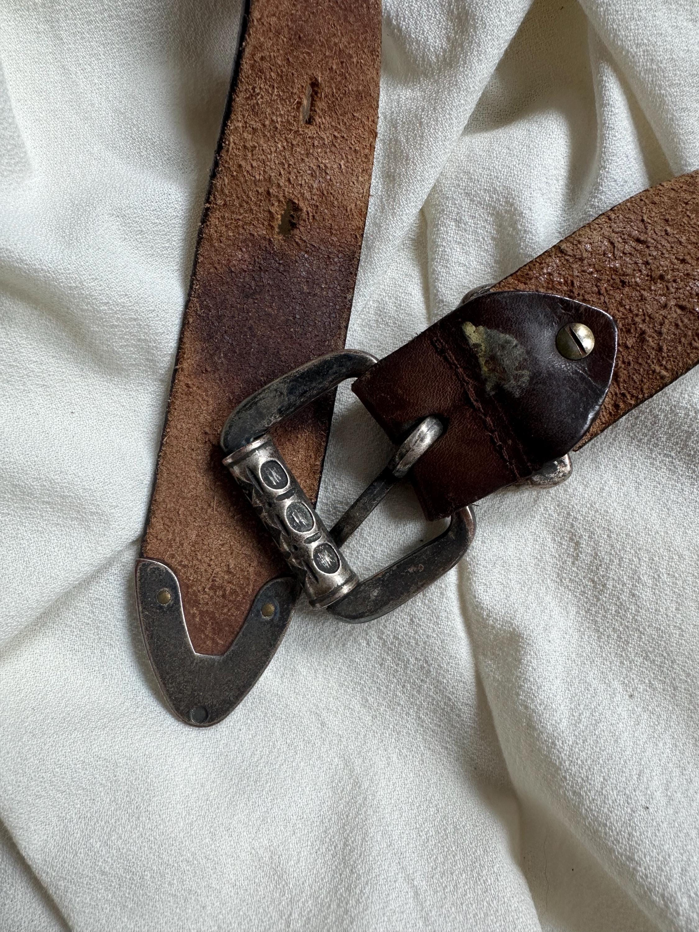 Vintage Brown Leather Belt With Engraved Buckle – Diesel Y2K Logo