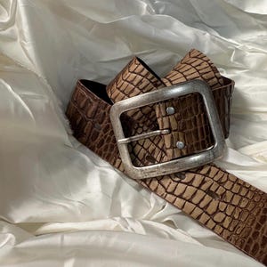 Vintage wide brown reptile-texture leather belt – western statement belt – waist 85–95 cm