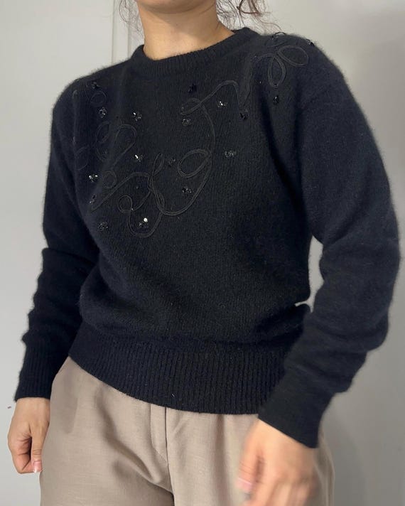 Vintage Black Angora Wool Sweater S-M Embellished Knit Pullover Soft Fuzzy Jumper