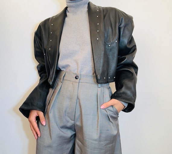Vintage Cropped Black Leather Jacket With Stud Details, Size
