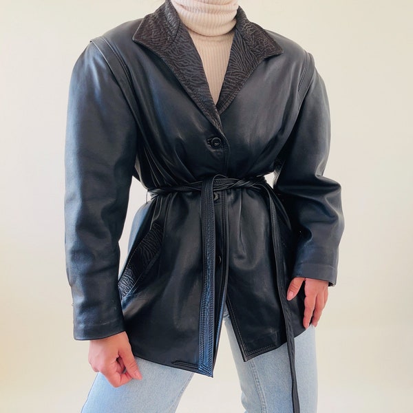 vintage leather black belted jacket with oversized shoulders