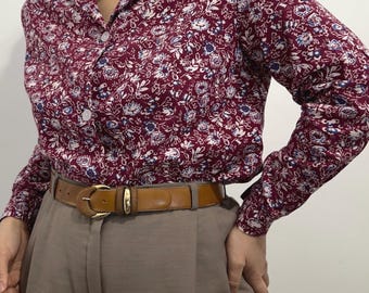 Camicia vintage in cotone a fiori, taglia S, blusa rossa boho con bottoni, top cottagecore