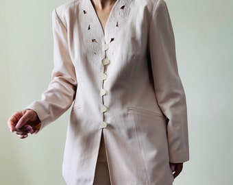 vintage light pink blazer with embroidered details, feminine blazer