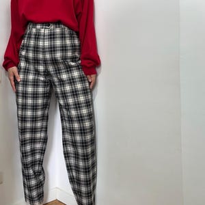 High-Waisted Plaid Wool Trousers – Black & Ivory Vintage Pants, XL Fit