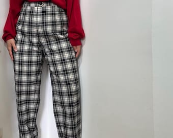 Calças de lã xadrez de cintura alta – Calças vintage pretas e marfim, tamanho XL