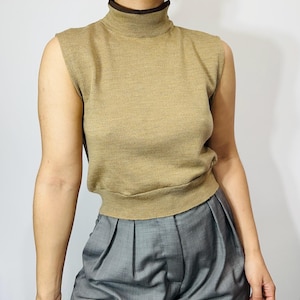 Vintage cropped camel merino wool sleeveless turtleneck – minimalist fine knit top, size S